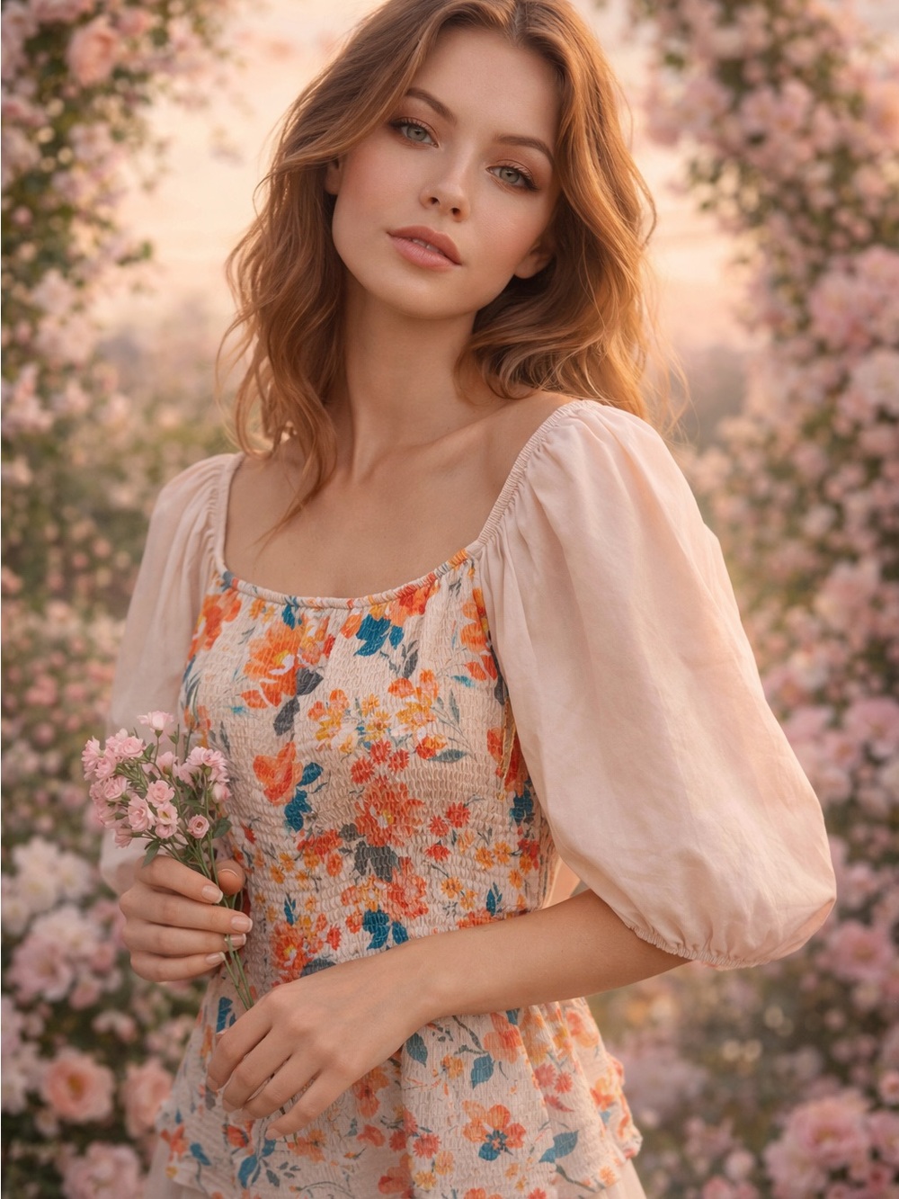 Cato Floral Peach Pink Orange Boho Puff Sleeve Blouse Size L